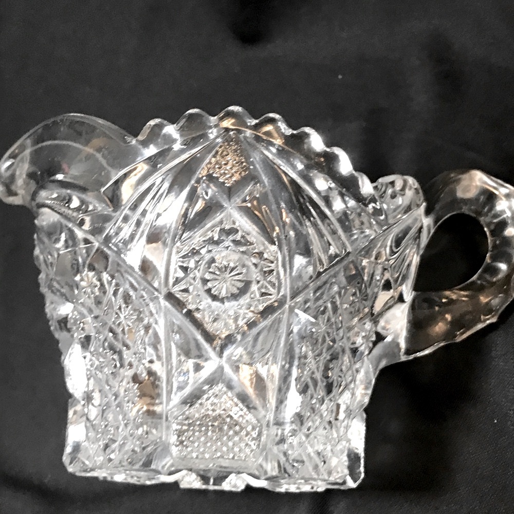 Vintage Nucut Heavy Cut Glass Creamer 3" Tall Crystal?? Brand Etched on Bottom